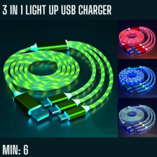MI-USB - 3 IN 1 LIGHT UP USB CHARGER, FLASHING AND FLOW WHEN CHARGING