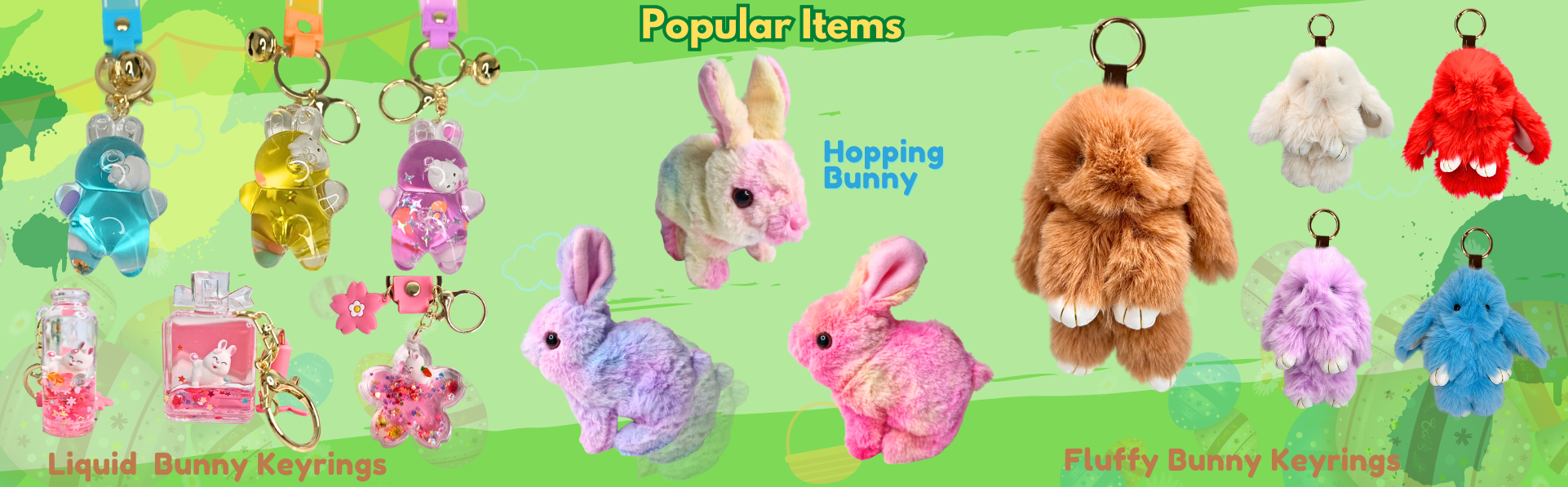 Easter items, hopping bunny and liquid bunny keyrings
